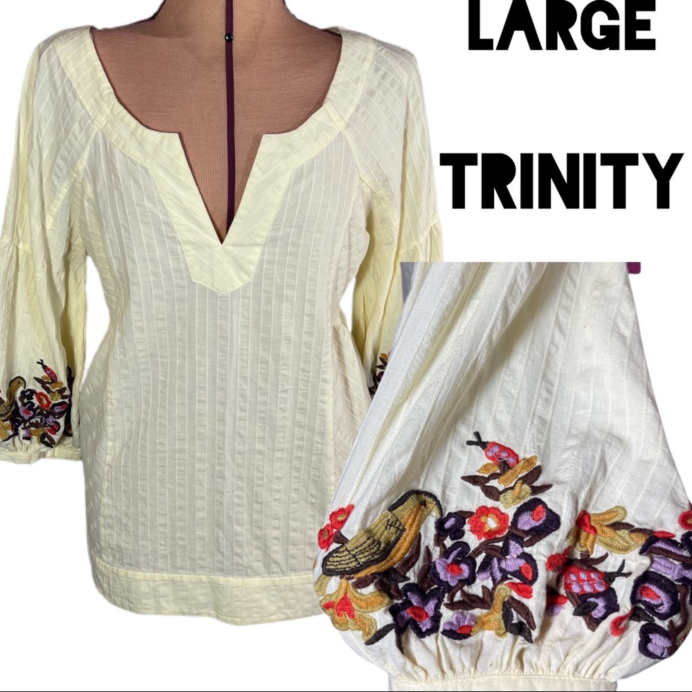 Large Trinity Embroidered Sleeve Cream Peasant Boho Blouse 100% Cotton